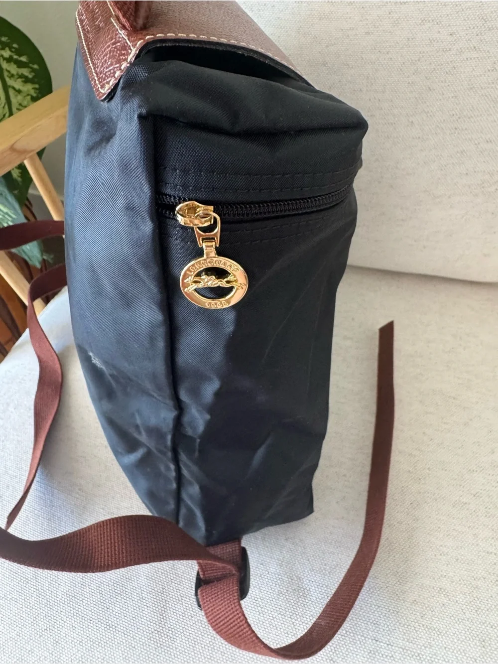 Longchamp Le Pliage Leather Flap Black With Brown Nylon Women’s Backpack